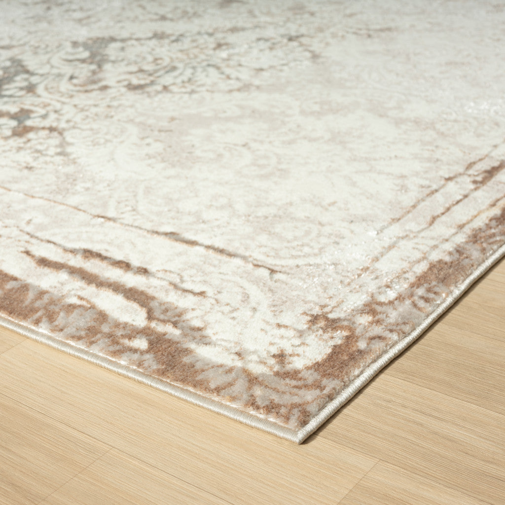 5' X 7' Cream Damask Stain Resistant Area Rug