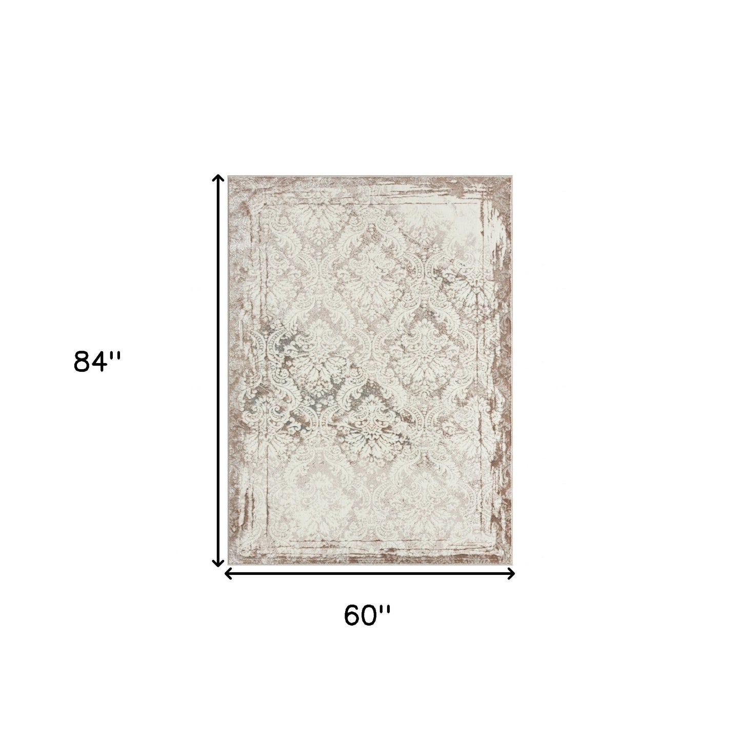 5' X 7' Cream Damask Stain Resistant Area Rug
