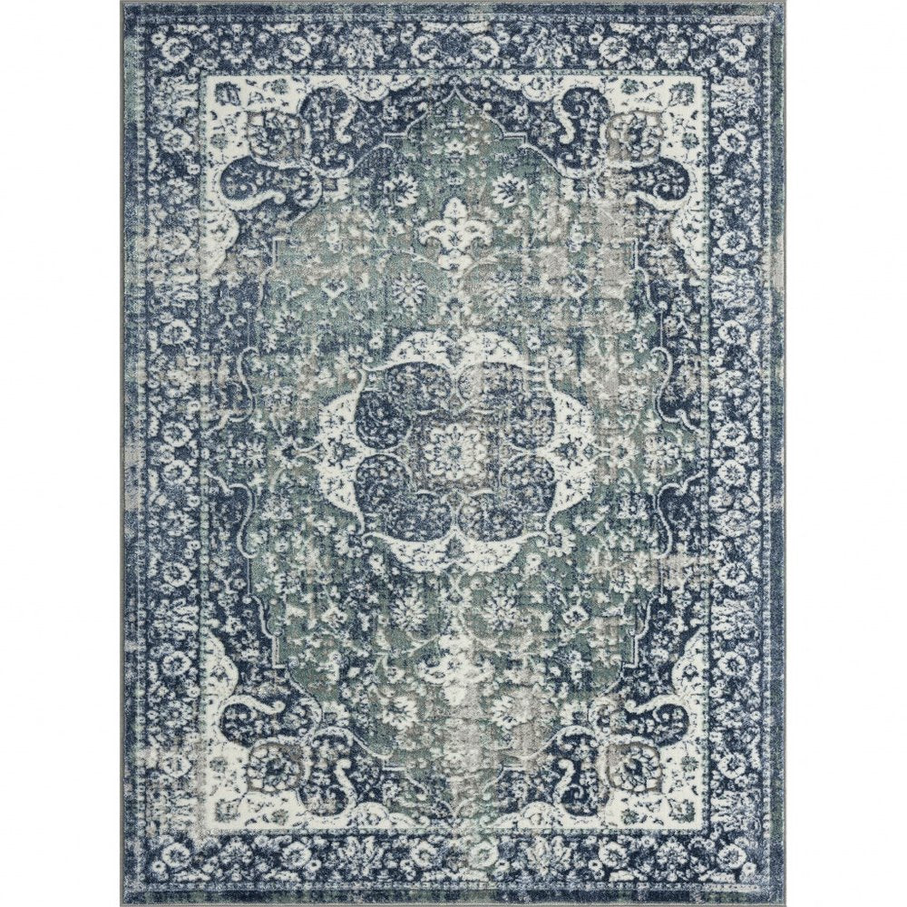 5' X 7' Blue Floral Stain Resistant Area Rug
