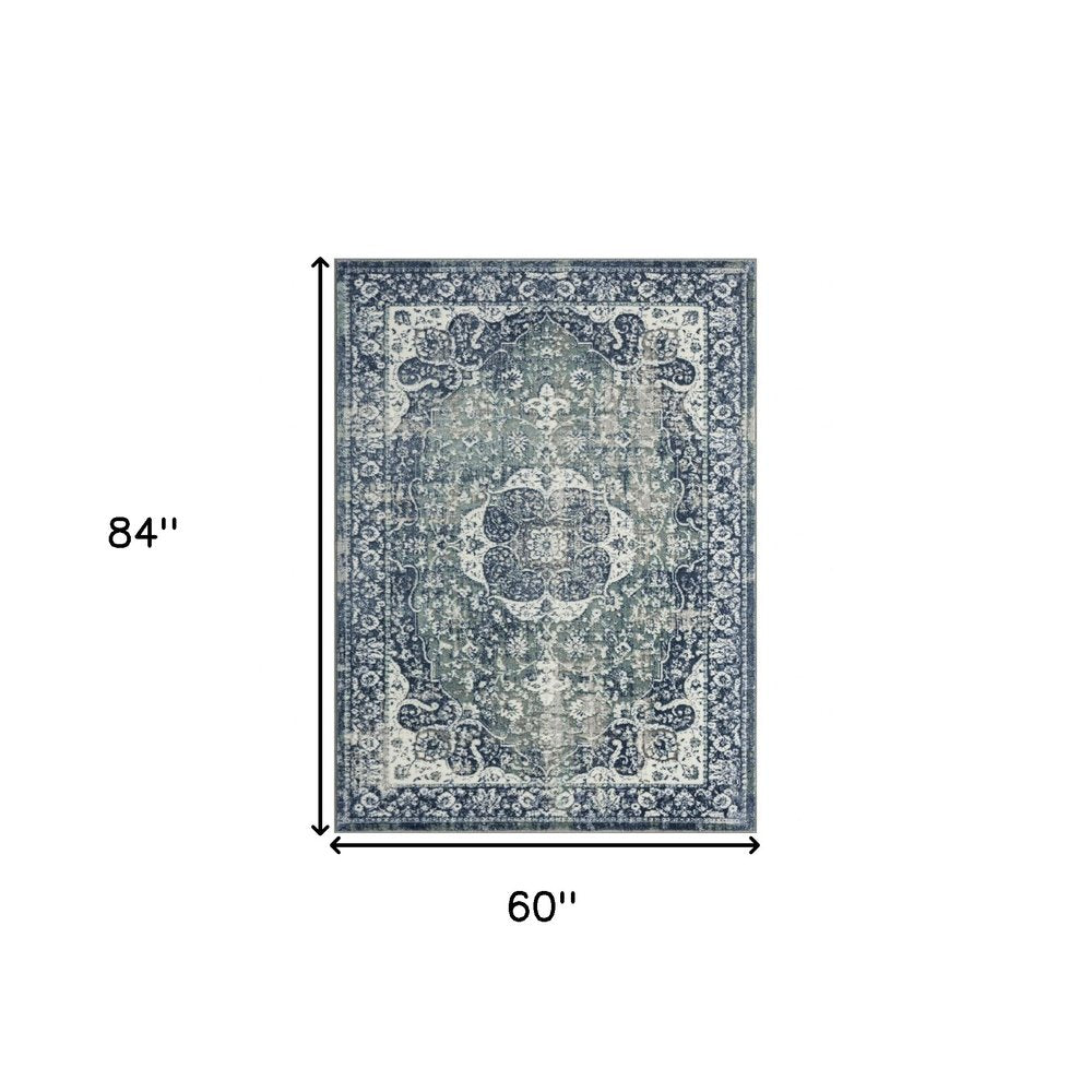 5' X 7' Blue Floral Stain Resistant Area Rug
