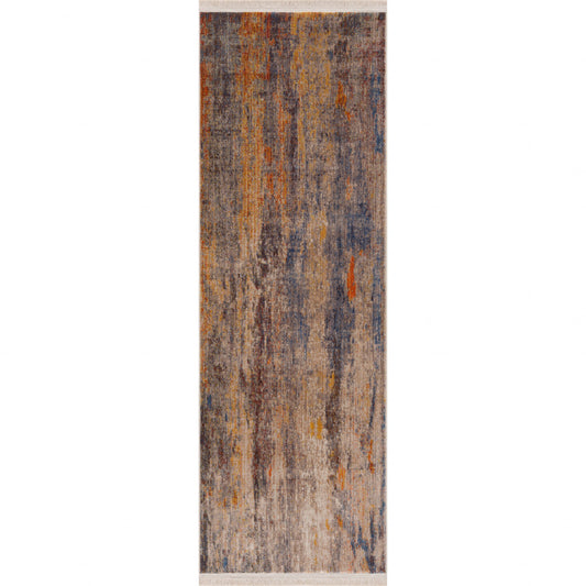 2' X 6' Beige Abstract Distressed Runner Rug