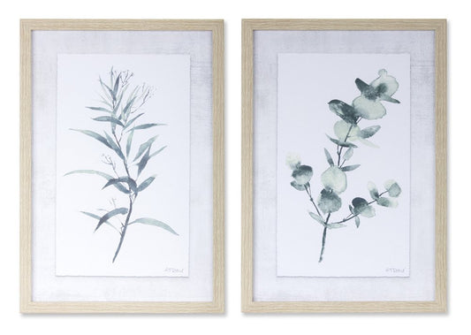 Set of Two Natural And Gray Leaf Floral Framed Art