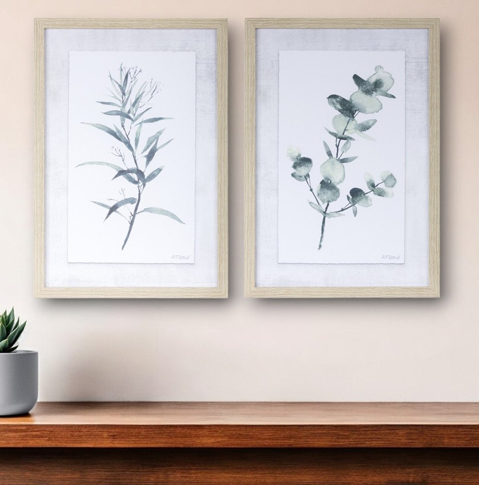 Set of Two Natural And Gray Leaf Floral Framed Art
