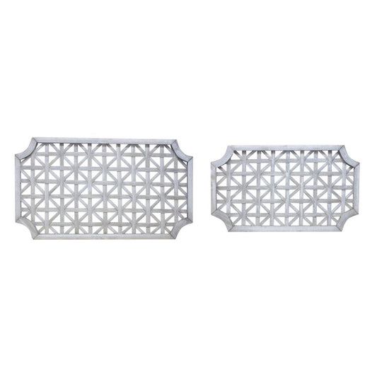 Set of Two Gray Geometric Lattice Wood Hanging Dimensional Sculptures