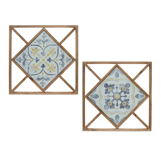 Set of Two White Blue And Brown Floral Wood and Metal Square Framed Art