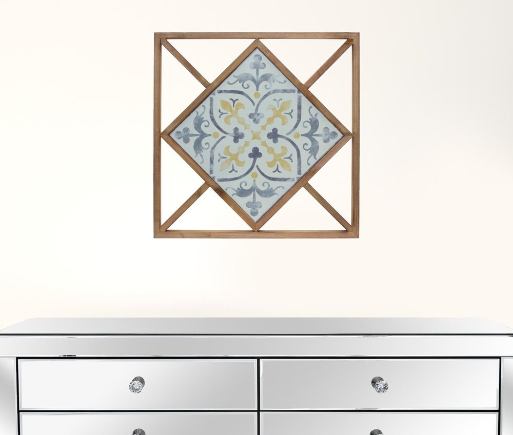 Set of Two White Blue And Brown Floral Wood and Metal Square Framed Art
