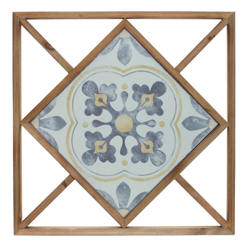 Set of Two White Blue And Brown Floral Wood and Metal Square Framed Art