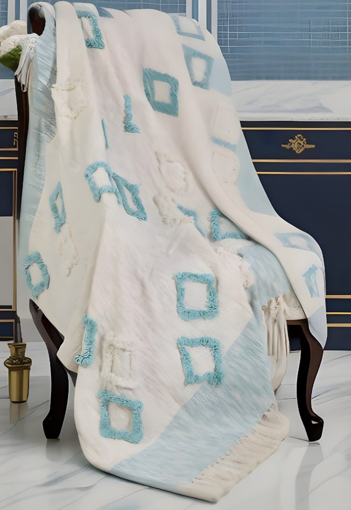 50" X 60" Aqua And Off White Cotton Woven Geometric Throw Blanket with Fringe