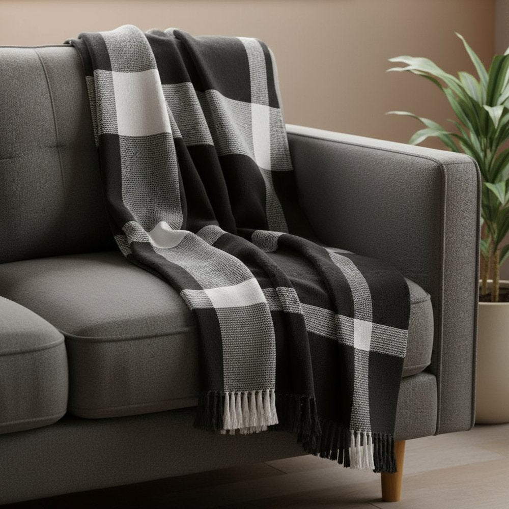 50" X 60" Red Woven Cotton Checkered Throw Blanket with Fringe