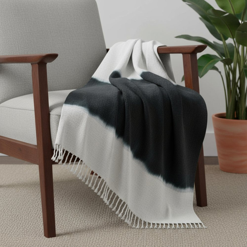 50" X 60" Black and White Woven Cotton Ombre Throw Blanket with Fringe