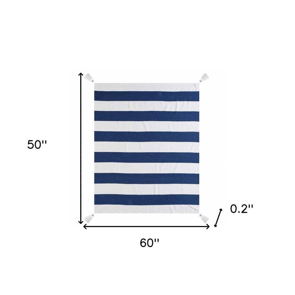 50" X 60" Blue and White Cotton Woven Striped Throw Blanket with Tassels