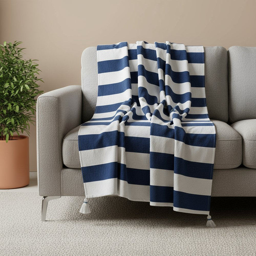 50" X 60" Blue and White Cotton Woven Striped Throw Blanket with Tassels