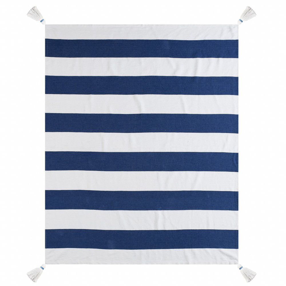 50" X 60" Blue and White Cotton Woven Striped Throw Blanket with Tassels