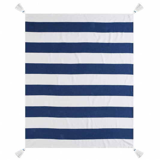 50" X 60" Blue and White Cotton Woven Striped Throw Blanket with Tassels