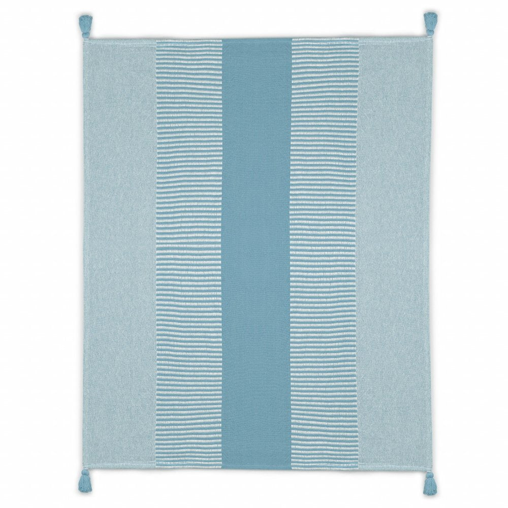 50" X 60" Blue Woven Cotton Striped Throw Blanket with Tassels