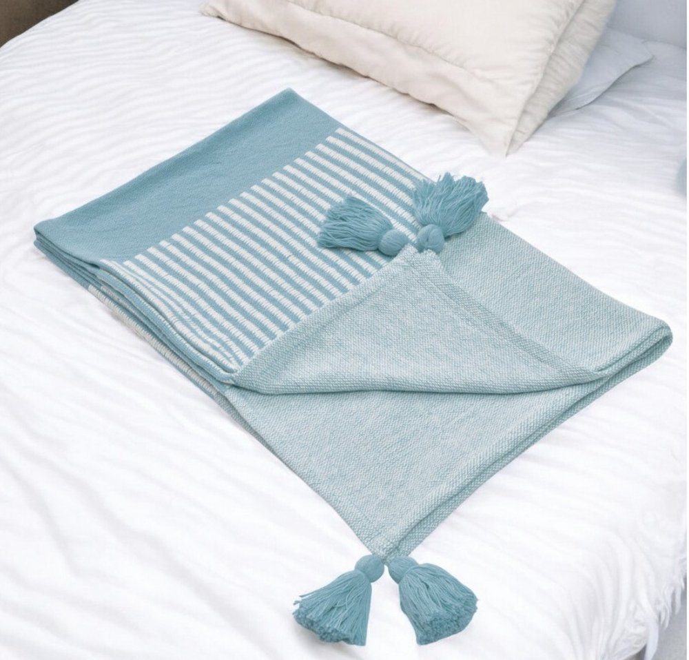 50" X 60" Blue Woven Cotton Striped Throw Blanket with Tassels
