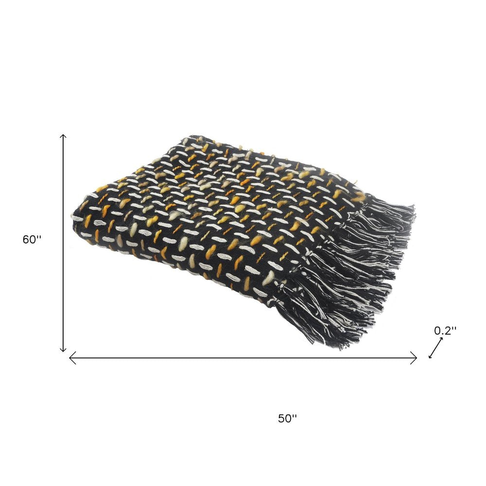 50" X 60" Black And Gold Geometric Cotton Woven Throw Blanket with Tassels