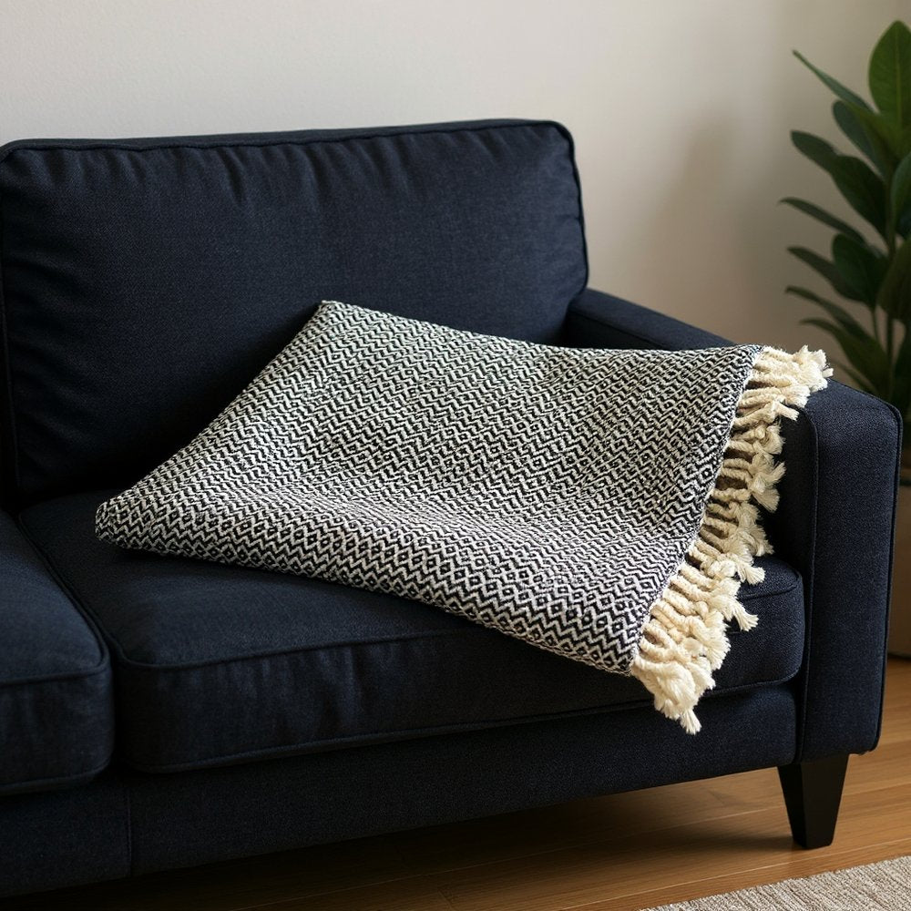 50" X 60" Gray Woven Cotton Geometric Throw Blanket with Fringe