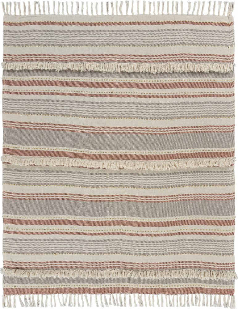 60" X 50" Beige Woven Cotton Striped Throw Blanket with Fringe