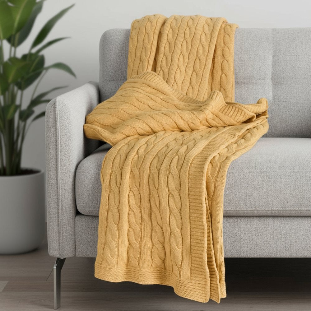 50" X 60" Yellow Cotton Cable Knitted Throw Throw Blanket