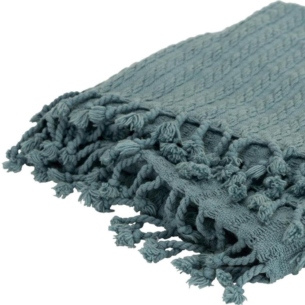 50" X 60" Teal Cotton Cable Knit Throw Blanket with Tassels