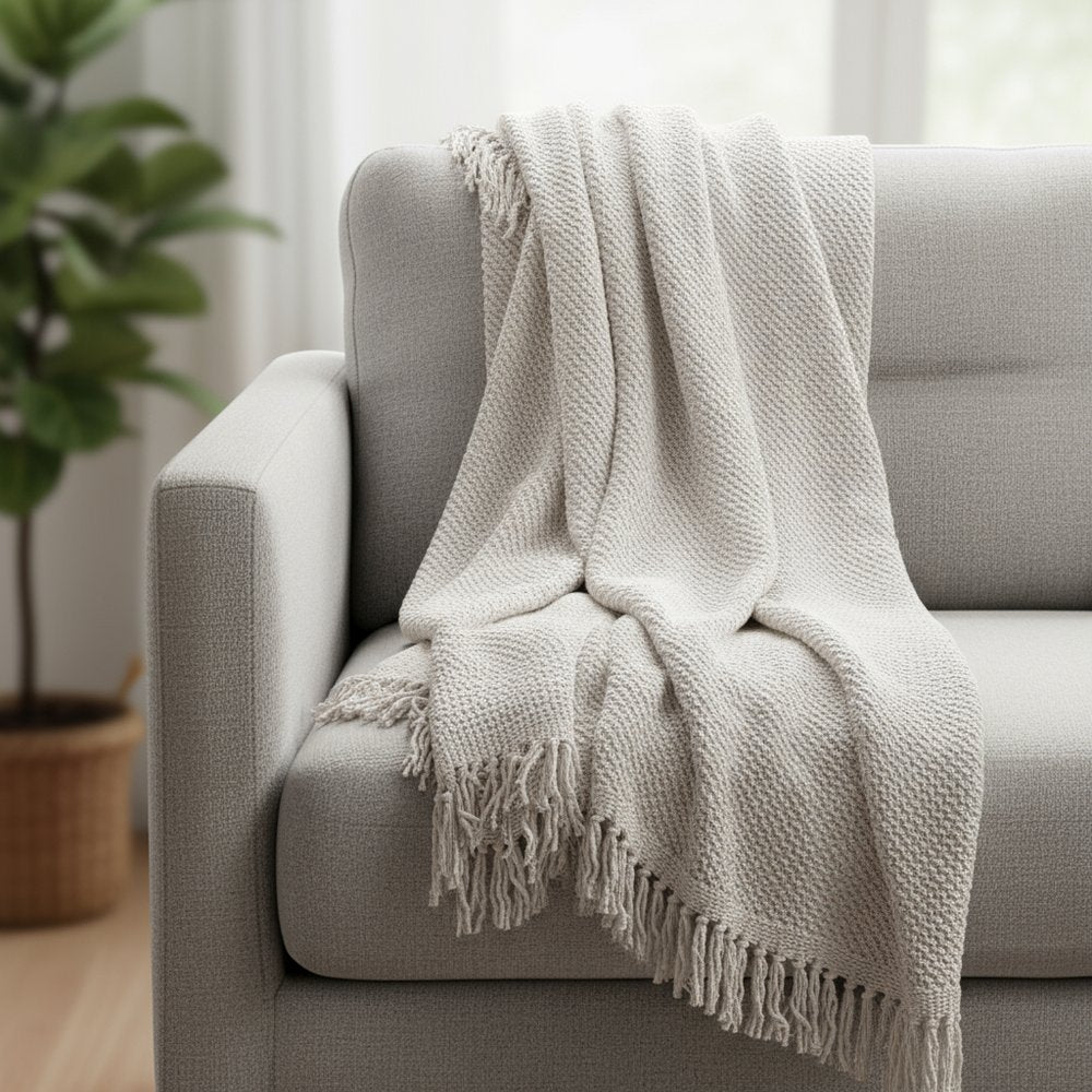 50" X 60" White Cotton Knitted Throw Blanket with Fringe