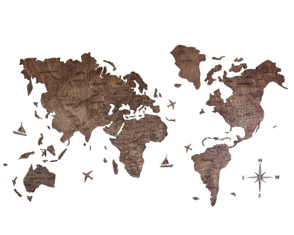 47" X 79" Dark Brown Wood World Map Hanging Dimensional Sculpture