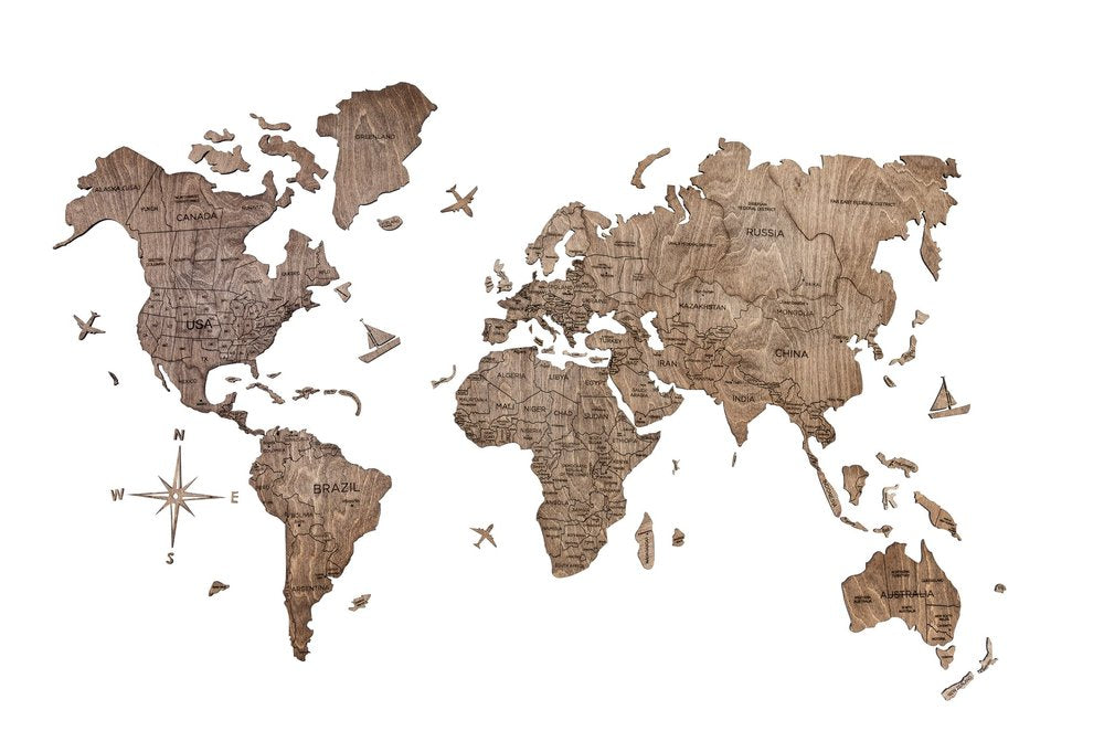24" X 39" Brown Wood World Map Hanging Dimensional Sculpture