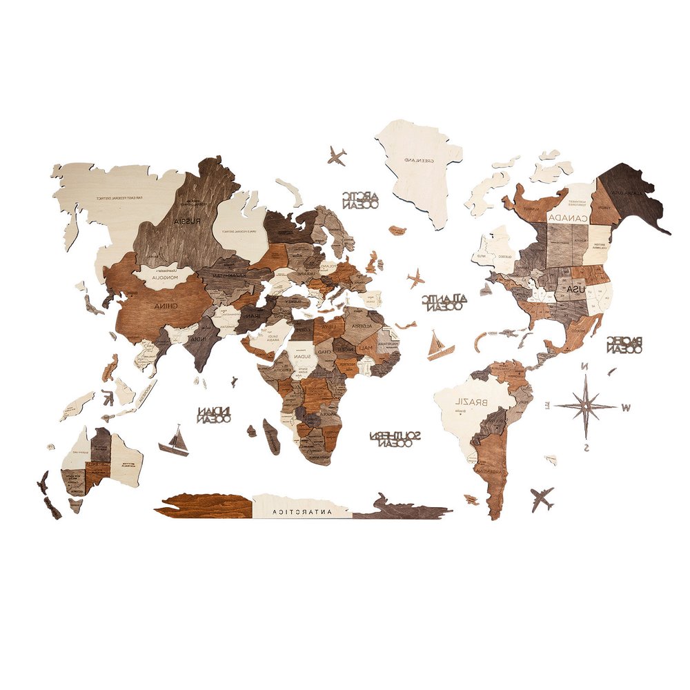47" X 79" Brown and Beige Wood World Map Hanging Dimensional Sculpture