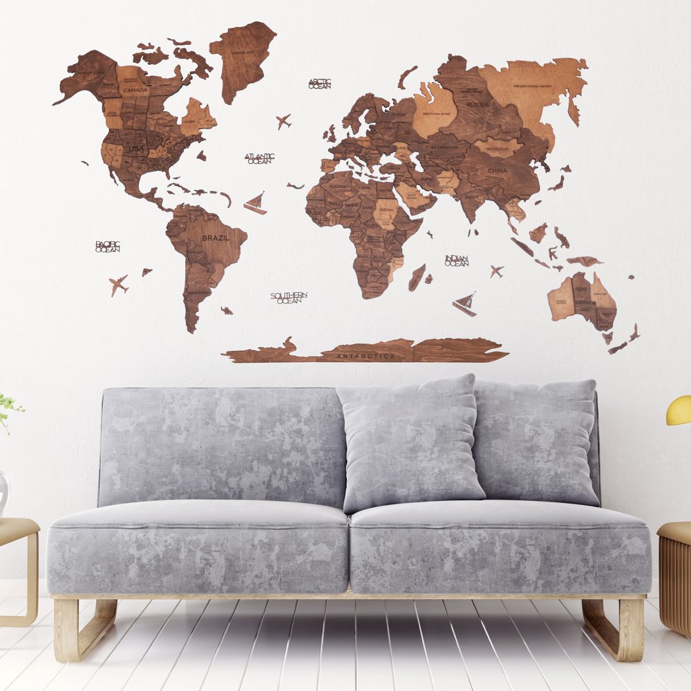35" X 59" Brown and Tan Wood World Map Hanging Dimensional Sculpture