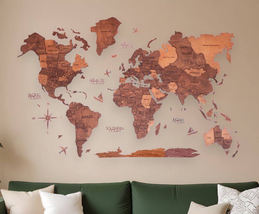 47" X 79" Brown and Tan Wood World Map Hanging Dimensional Sculpture