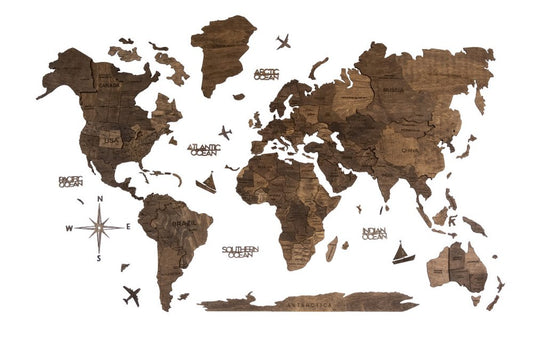 24" X 39" Brown Wood World Map Hanging Dimensional Sculpture