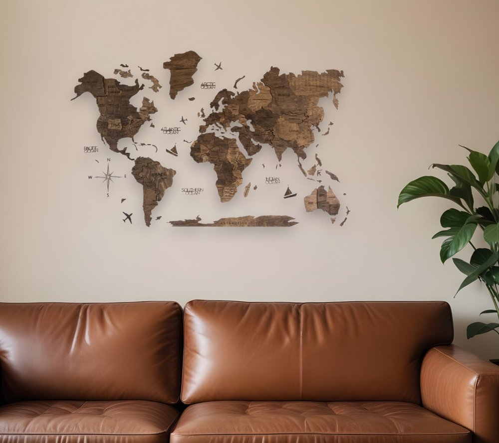 24" X 39" Brown Wood World Map Hanging Dimensional Sculpture