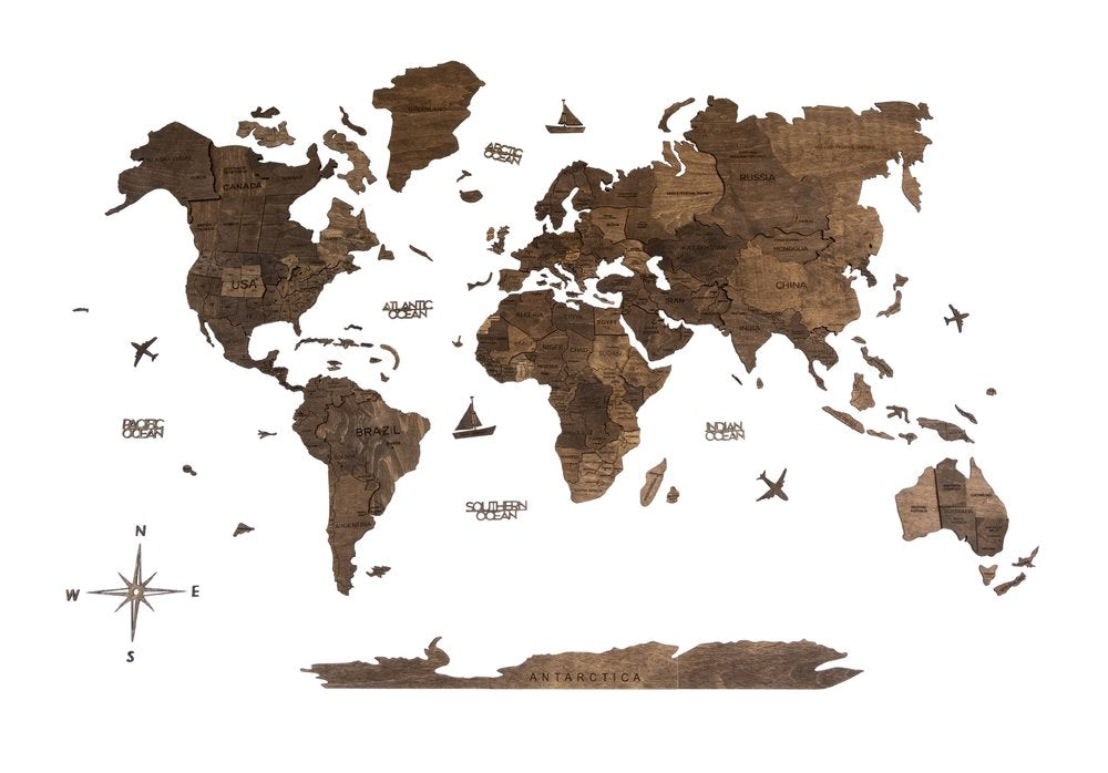 35" X 59" Dark Brown Wood World Map Hanging Dimensional Sculpture