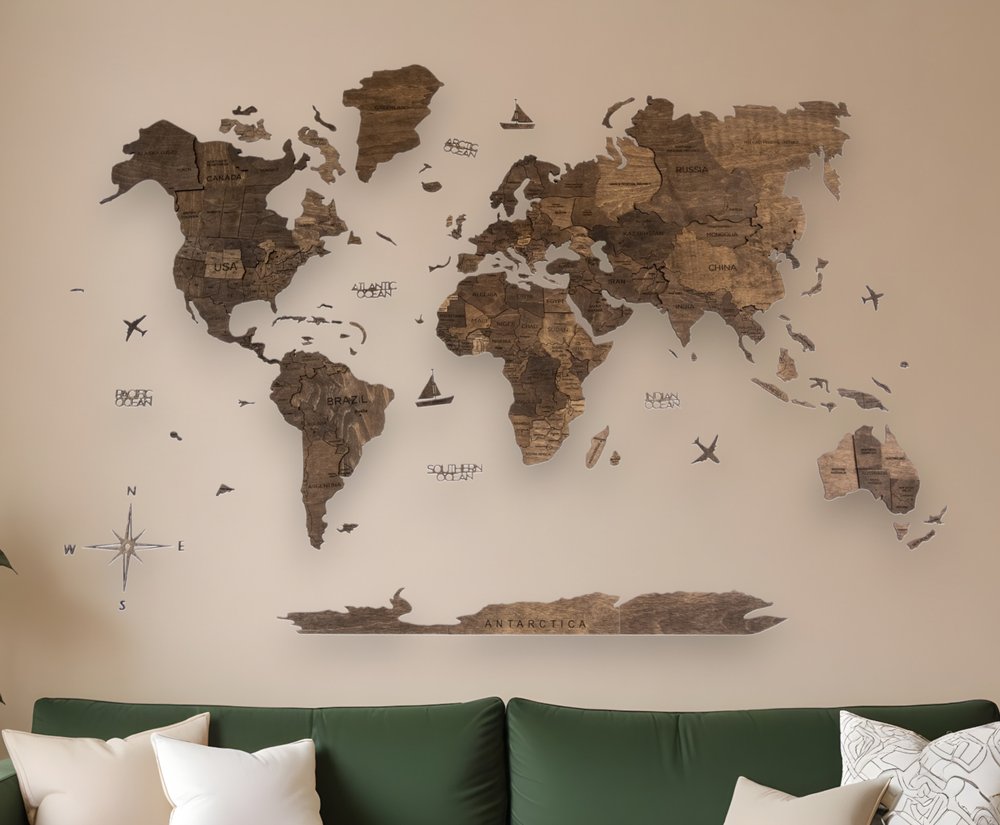 47" X 79" Dark Brown Wood World Map Hanging Dimensional Sculpture