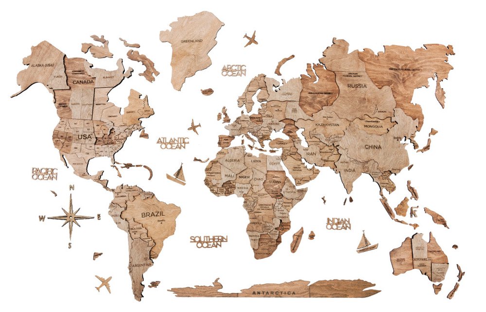 35" X 59" Wood Brown Wood World Map Hanging Dimensional Sculpture
