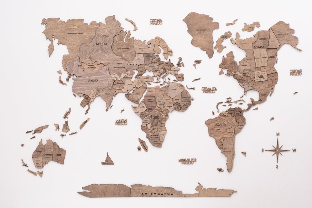 47" X 79" Wood Brown Wood World Map Hanging Dimensional Sculpture