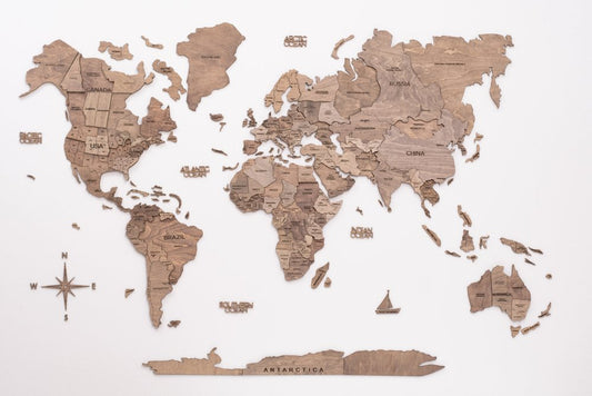 47" X 79" Wood Brown Wood World Map Hanging Dimensional Sculpture