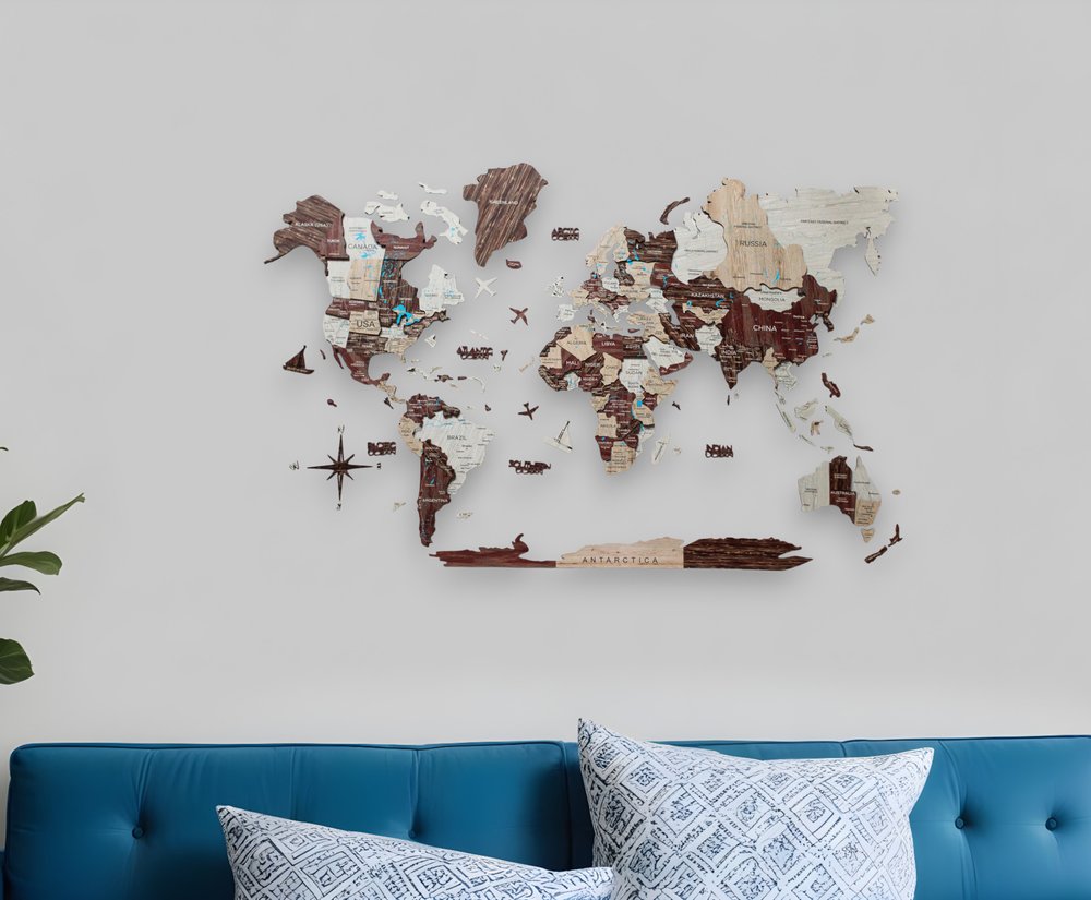 24" X 39" Brown and Beige Wood World Map Hanging Dimensional Sculpture