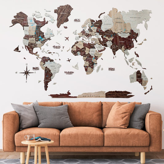 35" X 59" Brown and Beige Wood World Map Hanging Dimensional Sculpture