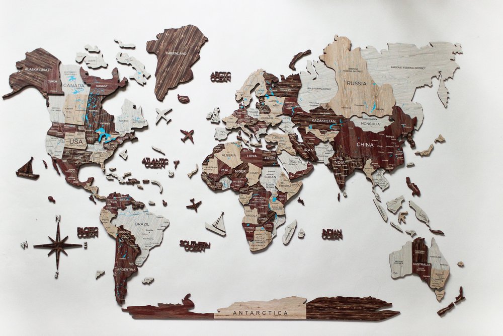35" X 59" Brown and Beige Wood World Map Hanging Dimensional Sculpture