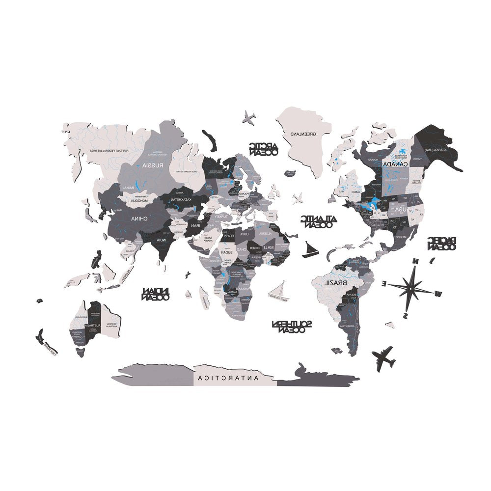 47" X 79" Black Gray and White Wood World Map Hanging Dimensional Sculpture