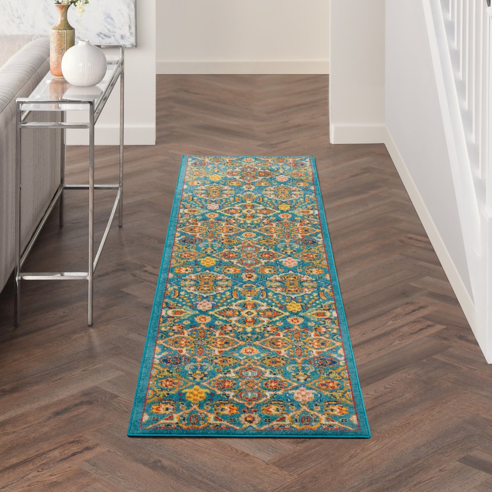 8' Blue Floral Power Loom Runner Rug