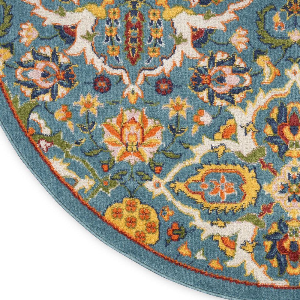 8' Blue Round Floral Power Loom Area Rug