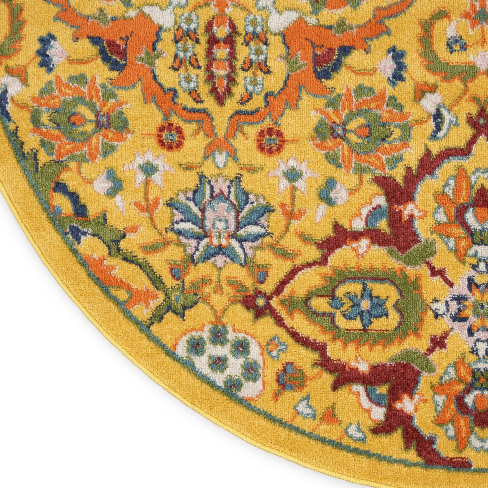 8' Yellow Round Floral Power Loom Area Rug