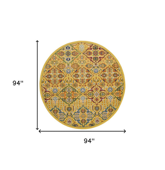 8' Yellow Round Floral Power Loom Area Rug