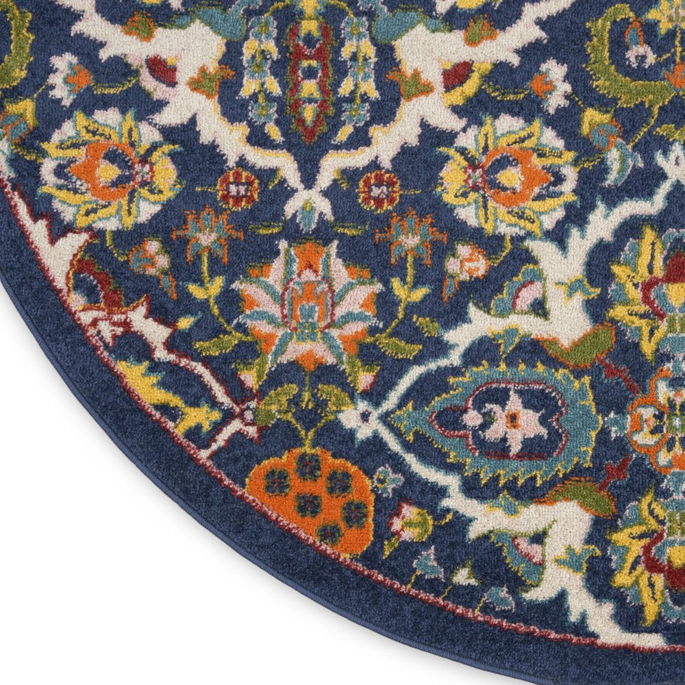 8' Blue Round Floral Power Loom Area Rug