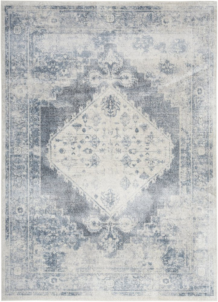 7' X 9' Blue Oriental Power Loom Distressed Washable Area Rug