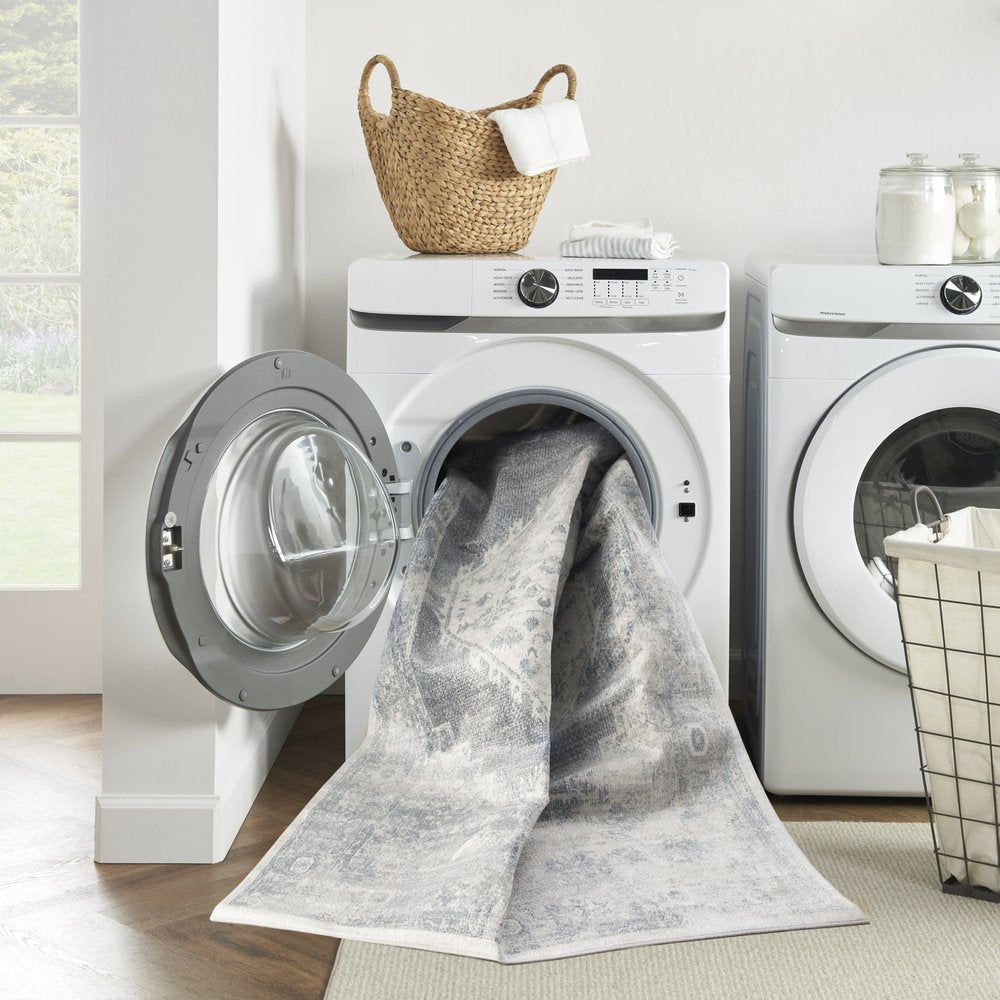 12' Blue Oriental Power Loom Distressed Washable Runner Rug