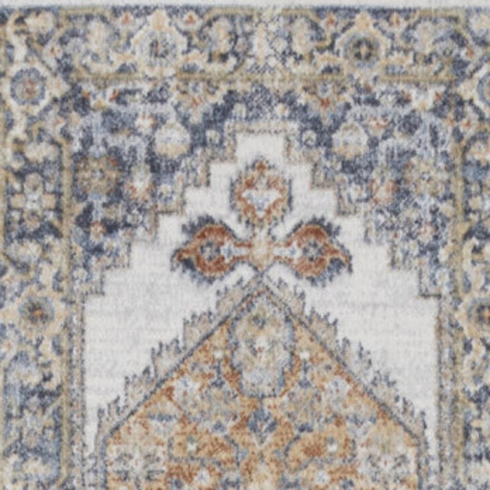 8' Gray And Gold Floral Medallion Distressed Washable Runner Rug